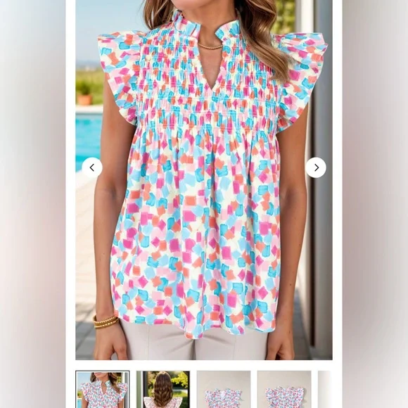 Avara Colorful Watercolor Print Smocked Babydoll Top in Pink, Blue, Green - Picture 8 of 11